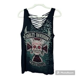 Harley Davidson Women's Tank Top Large Black Skull Rhinestones Cutout Back